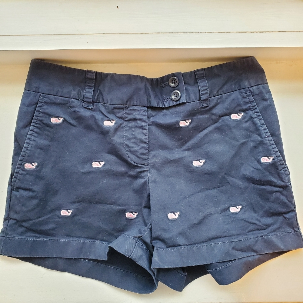 Vineyard Vines Whale Embroidered Navy Blue Dayboat Blue Cotton Shorts Size 0
